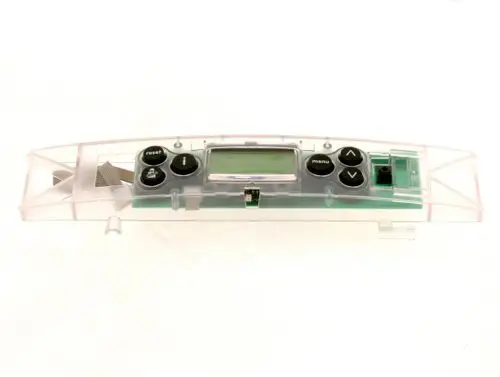Transparente Bedienfeldoberfläche von Bosch mit Tasten für Menü, Reset und Pfeile, sowie einem LCD-Bildschirm und Anschlussmöglichkeiten auf der Rückseite.